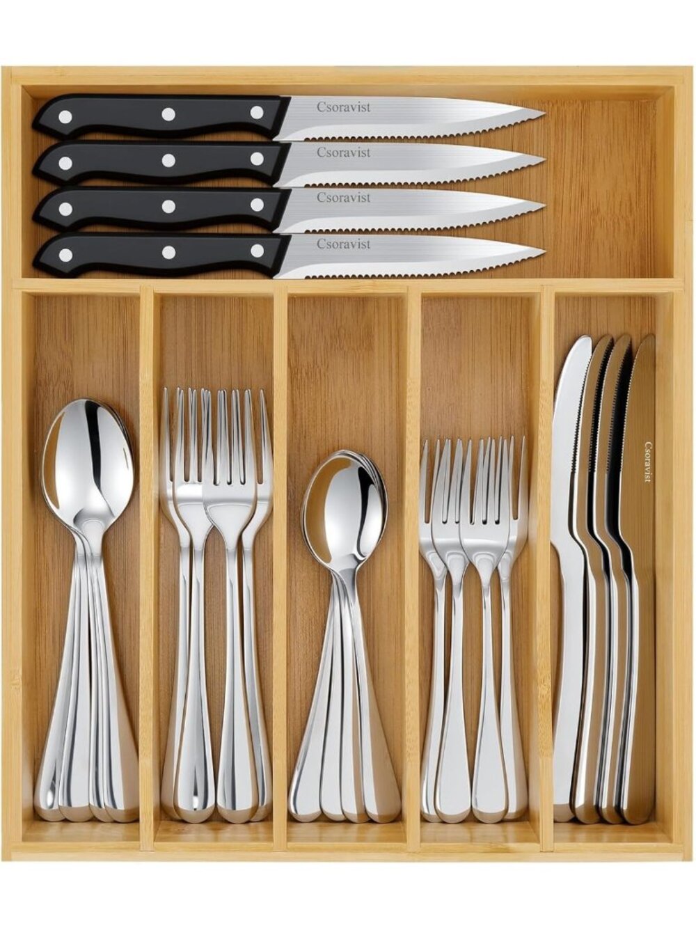 49-Piece Silverware Set with Bamboo Organizer | Flatware Utensil Set for 8